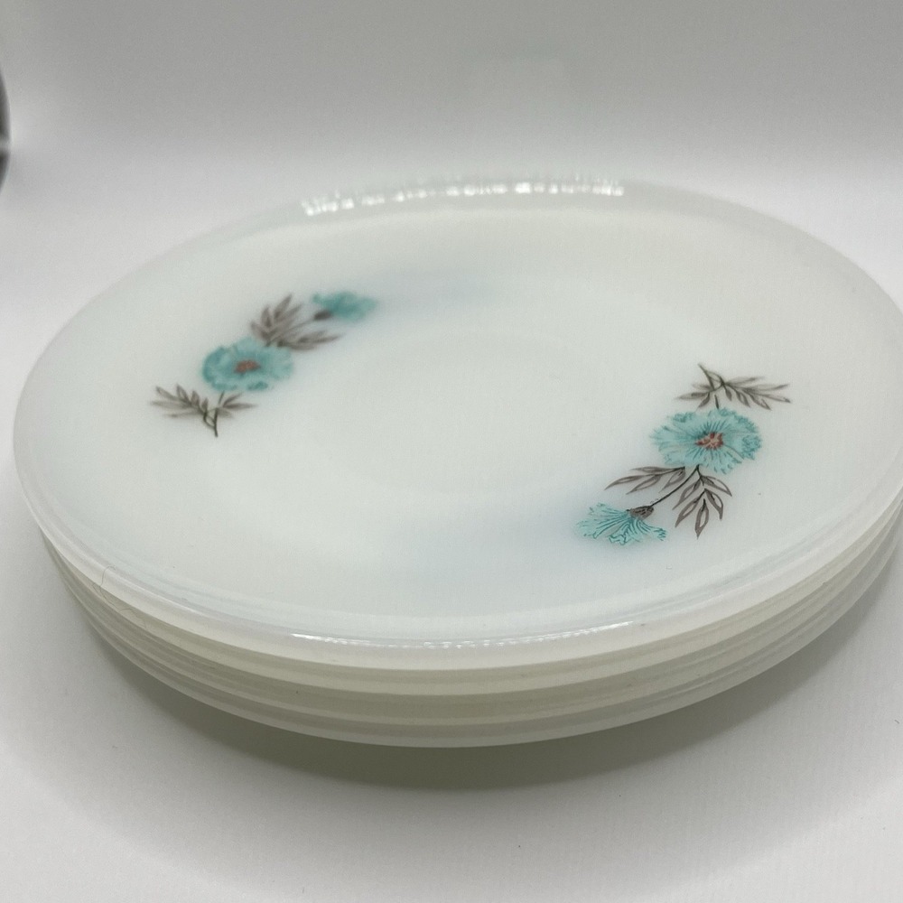 Set Of 4 Vintage Fire King Bonnie Blue Floral Saucer Plate Teal Flower MCM White - Picture 5 of 8